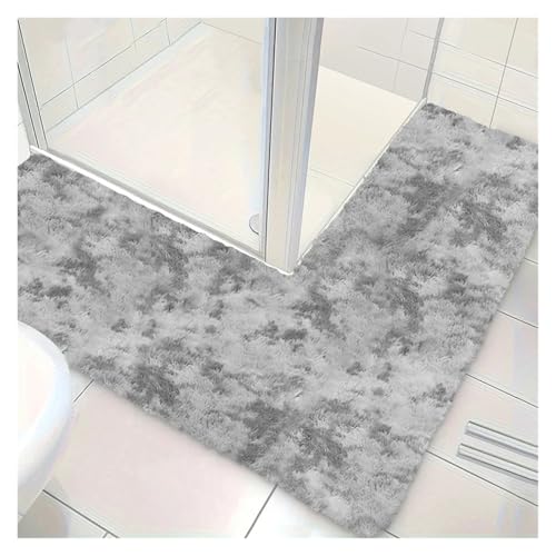 Tappetino da cucina e bagno a forma di L, morbido, a pelo lungo, antiscivolo, assorbente, grigio tinta unita, perfetto per doccia e uso ad angolo, elegante tappeto rettangolare (medie dimensioni)