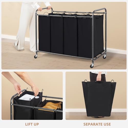 Image of STORAGE MANIAC Laundry Sorter 4 Section, 47.5 Gal (180 L) Laundry Hamper with Wheels, Clothes Divider Basket Sorter, Separator Hamper Cart with Removable Bags, Black