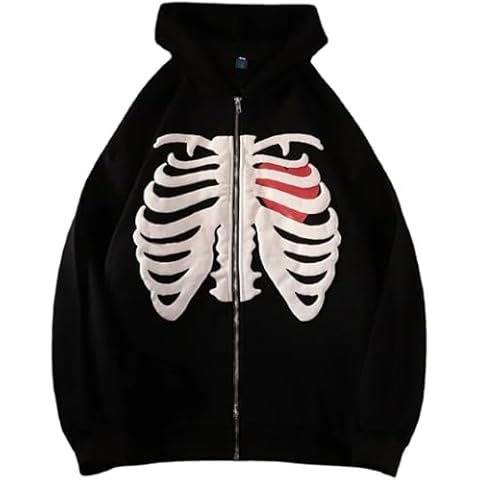 EMILYLE Women Oversized Zip Up Hoodie Fashion Long Sleeve Graphic Skeleton Sweatshirt Cool Outwear(black-1,XL) Cover