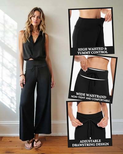 ZOOSIXX Soft Black Pajama Pants for Women, Wide Leg Comfy Casual Lounge Yoga Capri Pants 22'' / 30''3