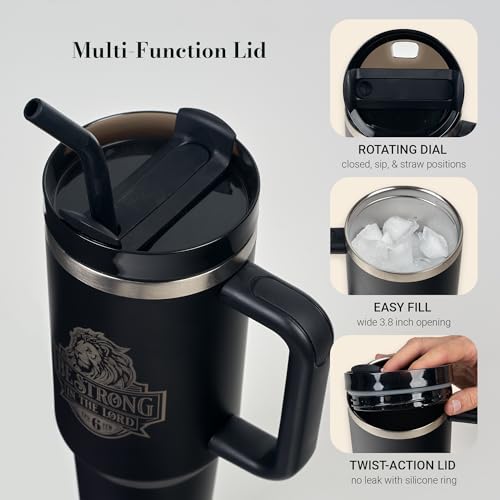 Image of Christian Art Gifts Extra Large Stainless Steel Double Wall Vacuum Insulated Travel Tumbler for Men & Women: Be Strong Scripture, Silver Laser Engraved Lion, Lid, Straw, Wide Handle, Black, 40 oz.