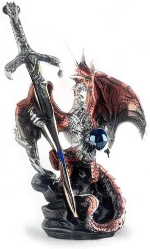 Miniatura 7 de Ain't it Nice Estatua de dragón con espada de dragón medieval y bola de cristal, figura coleccionable de dragón de fantasía, decoración medieval de