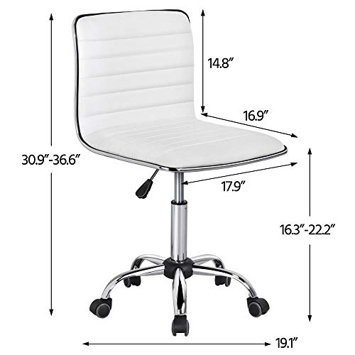 Yaheetech Adjustable Task Chair Pu Leather Low Back Ribbed Armless Swivel White Desk Chair Office Chair Wheels #TOP2