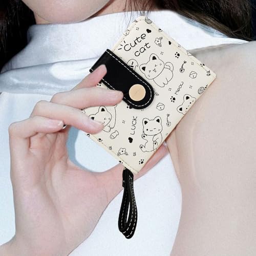Small Purses for Women, PU Women Wallets with 5 Cards and ID Window Cute Kitten Pattern Ladies Purse(Black)