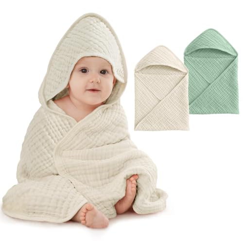 Image of Unnivoll Hooded Baby Towels for Newborn - 2 Pack, 100% Muslin Cotton, Baby Bath Towels with Hood, Soft and Absorbent for Boys, Girls Infant, Toddler and Kids, Large 32x32 Inches, Newborn Essential