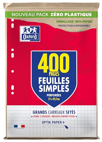 OXFORD Lot de 400 Pages Feuilles Simples Grands Carreaux Seyes Format A4 (21x29,7cm) Perforees