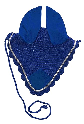 Crocheted Fly Hood Horse Ear Bonnet with Silver Metallic Piping Trim (Royal Blue)