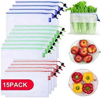 Reusable Produce Bags 15 Pcs, Barcode Scannable, Washable and See-Through Extra Strong Mesh Bags for Grocery Shopping, with Colorful Tare Weight Tags