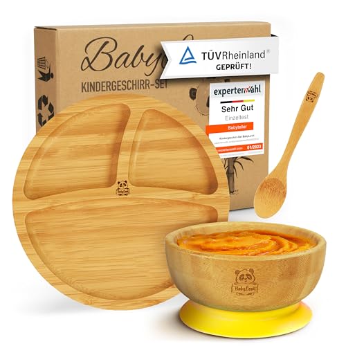 Babylovit Bambus Kinderteller | TÜV Geprüfter Baby Teller mit Saugnapf & Esslernbesteck | BLW Beikost Zubehör | Esslernlöffel Baby Melamin & BPA frei | Kinder Teller mit Saugnapf | Kinderbetseck