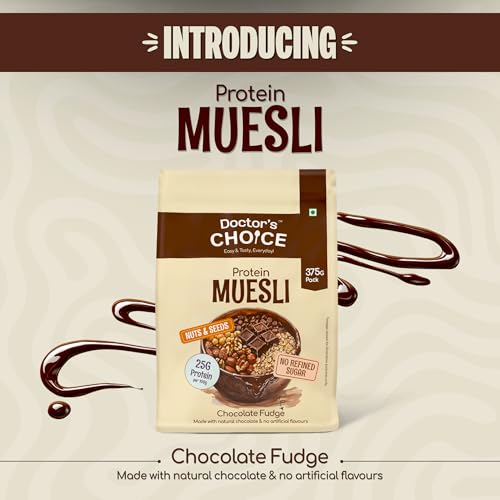 Image of DC DOCTORS CHOICE High Protein Multigrain Muesli - 22 G Protein,No Maida,No Palm Oil,Jaggery Sweetened Fiber-Rich,Preservative-Free,Healthy Crunchy Treat(375 G,Dark Choco Berry Muesli)