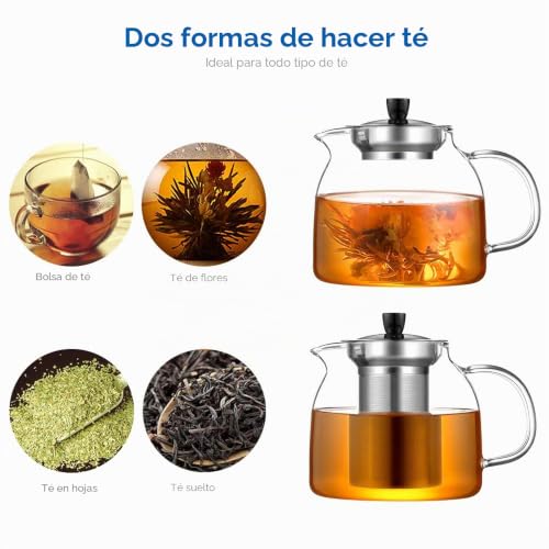 Miniatura 5 de Ecooe - Tetera De Cristal Con Infusor De 1000 Ml, Calentador De Acero Inoxidable 18 8, Infusor Extraíble Para Té Negro, Verde Y Perfumado