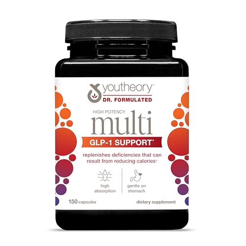 Youtheory High Potency Multi GLP-1 Support - High Absorption Multivitamins - for Immune Support & Bone Health - Gentle on Stomach - Vitamin D, C, Iron & More - 150 Vegetarian Capsules