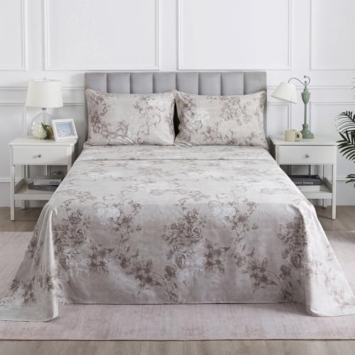 Image of Gray-Beige Boho Floral Percale Sheets California King, Deep Pocket | 100% Cotton Greige Vintage Bed Sheets, Brown Flower Cottage Sheet Set, Shabby Chic Bedding, Neutral Printed, Aesthetic, 4Pcs
