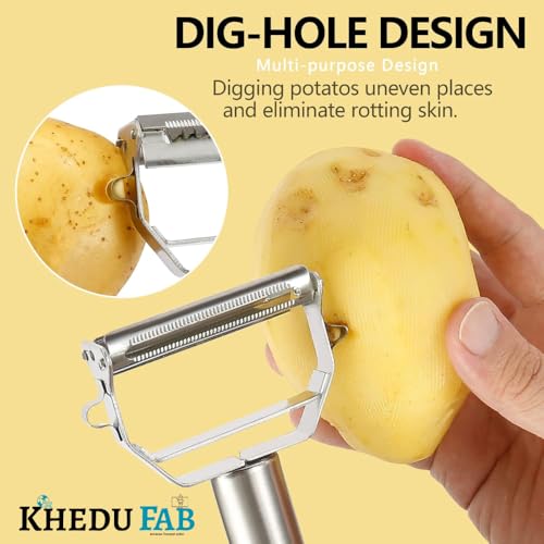 Image of Khedu Fab 2-in-1 Stainless Steel Vegetable & Fruit Peeler - Julienne & Serrated Blades - Double-Edged Swivel Design for Bidirectional Peeling - Ergonomic Handle - Dishwasher Safe (Pack of 1)