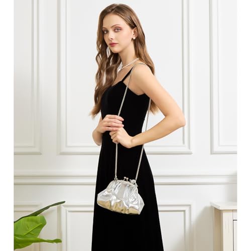 Image of BRYCTSISEN Pleated Evening Vegan Leather Clutch Handbag Purse Metallic PU Cloud Shoulder Bag for Women Evening Purse Handbag