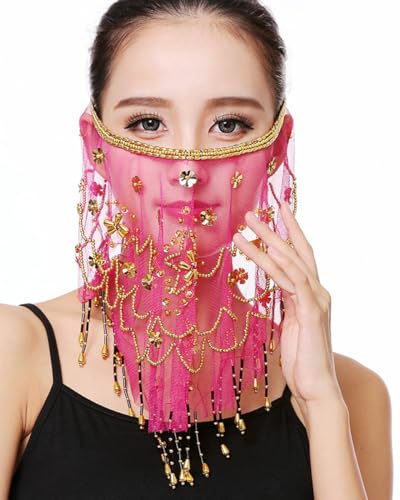 Belly dance half face veil costume with gold beaded clover for womens girls arabian egyptian dancing