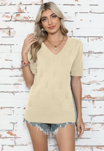 Image of Yincro Womens Short Sleeve Sweaters Fall Summer Tops V Neck Lightweight Knit Pullovers