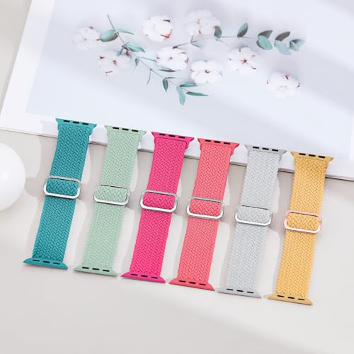 Image of 6 Pack Braided Stretchy Bands Compatible with Apple Watch Band 38mm 40mm 41mm 42mm 44mm 45mm 46mm 49mm Women Men, Adjustable Nylon Solo Loop Elastic Straps for iWatch Series 11 10 9 8 7 6 5 4 SE Ultra