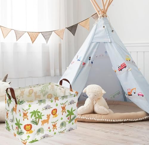 Image of Rectangle Storage Basket Cute Canvas Organizer Bin for Pet /Children Toys, Books, Clothes Perfect for Rooms /Playroom (Animal)