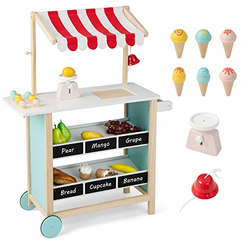 HOMASIS Carrito de Helados Infantil con Accesorios, Tienda de Madera con 2 estantes, heladería con Ruedas móviles y toldo, Juego de casita de muñecas para niños 3+ años, 79,5x29,5x100cm (Rojo)