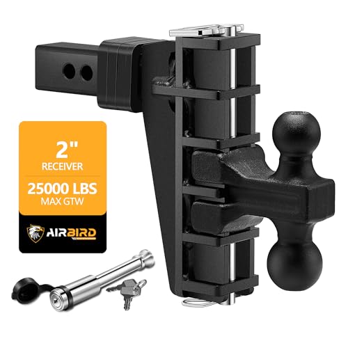 AIRBIRD Adjustable Trailer Hitch Fits 2 Inch Receiver, Aluminum Trailer 6 Inch Drop/Rise Hitch(25000 Lbs Gtw), 2 and 2-5/16-Inch Balls, Black