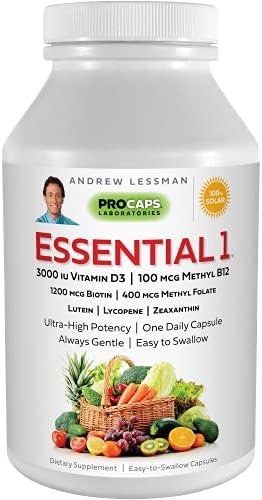 ANDREW LESSMAN Essential-1 Multivitamin 3000 IU Vitamin D3 60 Small Capsules – 100 mcg Methyl B12. Lutein Lycopene Zeaxanthin. 24+ Nutrients. High Potency. No Additives. Ultra-Mild Only One Cap Daily