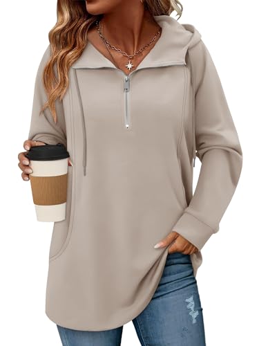 onlypuff Women Hoodie Pullover Trendy Quarter Zipper Lapel Sweatshirts Drawstring Cute Hooded Tunic Tops with Side Pockets