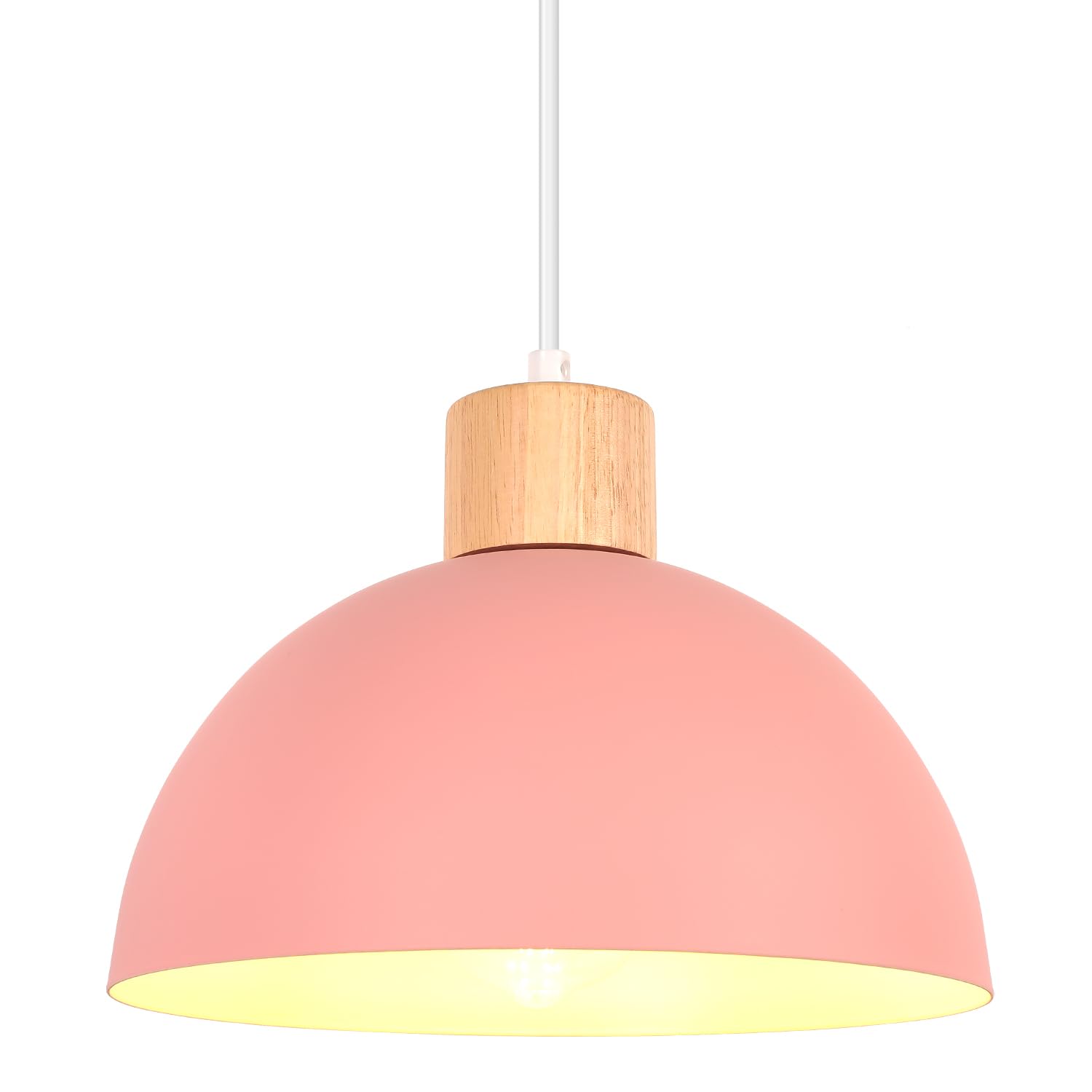 iDEGU 25cm Retro Pendant Light E27 LED Ceiling Light Modern Scandinavian Style Hemisphere Hanging Lampshade Metal Wood Pendant Light Fixture for Bedroom Dining Room Kitchen Restaurant (Pink)