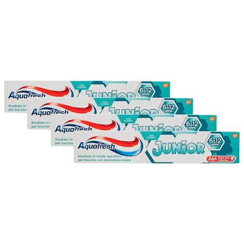 Dentifricio JUNIOR Per Bambini Dai 6 Ai 12 Anni, Gusto Menta Fresca. Aiuta a Proteggere Lo Smalto e Dalle Carie, Bassa Abrasività 75ml (4 Unità)