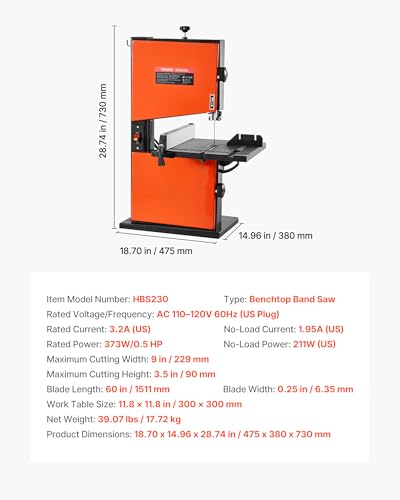 Image of VEVOR Band Saw, 9-Inch, Woodworking Benchtop Bandsaw with 1 /2 HP Motor, 3.5-Inch Max Cutting Height, 11.8 x 11.8 in Cast Aluminum Table, 0-45 Tilting Range, with Miter Gauge, Fence, for Woodworking