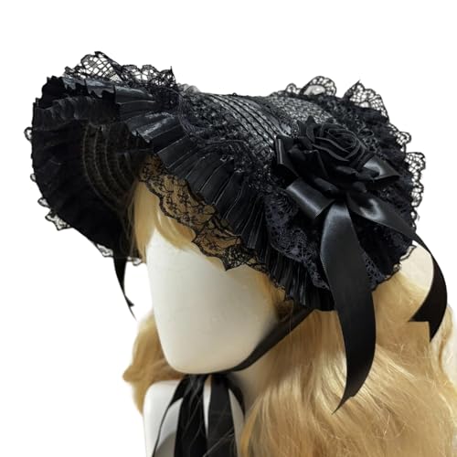 kokdid Sombrero de paja victoriano con ribete de encaje, serie oscura, sombrero grande con lazo para eventos temáticos Amime, fotografía, tocado para juegos de rol para ocasiones especiales, Negro
