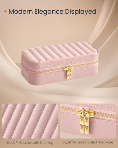 Image of SONGMICS HOME Travel Jewelry Case with Mirror, Stitching, Portable | Jewelry box organizer, 4.1 x 8 x 2.4 Inches, Gift Idea, Jelly Pink, UJBC180S01