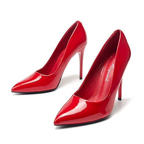 Hingswink Womens Pumps High Heels For Women 4 Inch Stiletto Pointed Closed Toe Slip On Heels Leather Pumps For Women Comfortable Sexy Dressy Office Wedding Bridal Prom Party Evening Shoes, Red7.5 #TOP2