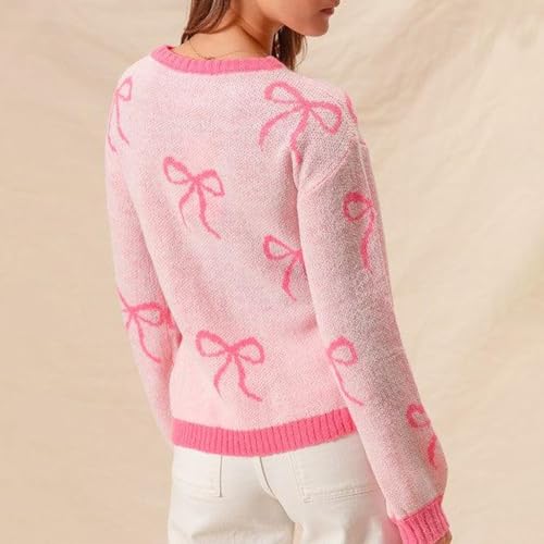 Image of Women Cute Bow Knit Sweater Y2k Long Sleeve Crew Neck Knitted Pullover Top Oversized Going Out Fall Winter Knitwear