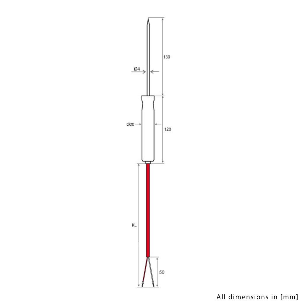 iOVEO 030ES01404 - PT100 - Robuster Einstechfühler mit Teflonhandgriff/Kerntemperaturfühler, Sensor PT100, Lebensmittel