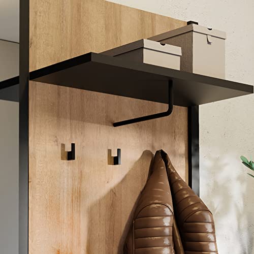 Mueble de entrada con revestimiento de roble y negro con múltiples almacenamiento y espejo - Moda