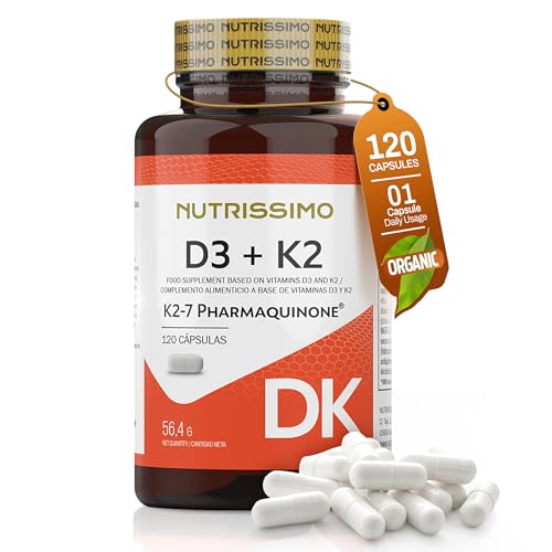 Nutrissimo Vitamina D3 y K2| Ideal para Fortalecer Tus Huesos, Mejorar la Absorción de Calcio y Apoyar un Sistema Inmunológico Saludable | Hecho en España | 120 Cápsulas|Suministro para 4 Meses