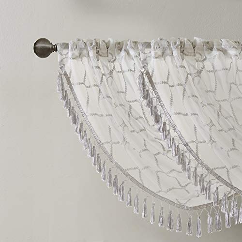 Irina Diamond Sheer Embroidered Ascot Grey Window Valance , Elegant Pattern-Rod Pocket Valances For Windows , 38"W X 46"L , White / Gray #TOP5