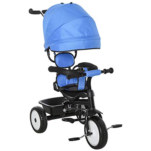 Qaba Baby Tricycle 6 in 1 Stroller with Adjustable Canopy Detachable Guardrail Belt for Age 6-60 Months, Blue