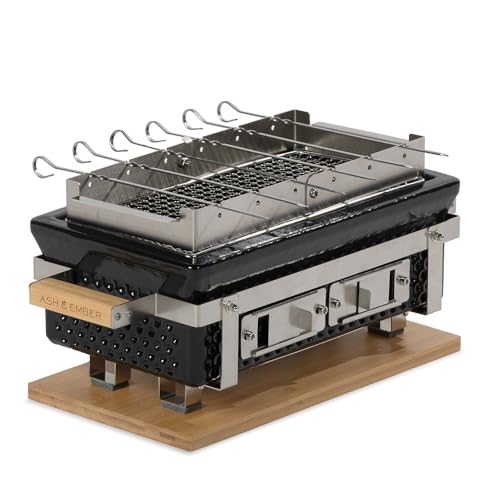 Ash & Ember 16-in Hibachi Tabletop Grill And Skewer Set, Ceramic Charcoal Grill, Stainless Steel Cooking Grate, Kabob Rack with 6 Stainless Steel Skewers, Adjustable Temp Control
