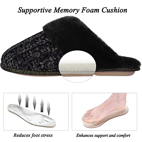 DL Women's Comfy Knit Slippers with Warm Plush Faux Fur Lining, Memory Foam Slip on Slippers with Anti-Skid Rubber Sole, Beige, 9-104