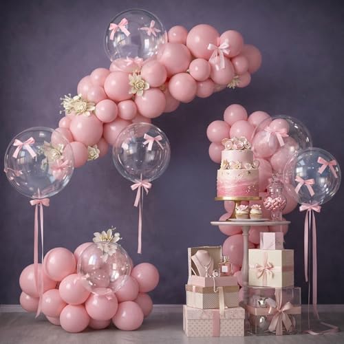 Image of Party Propz Transparent Balloon Decoration Kit - Set of 17 Clear Round Balloons with Pink Latex Balloons & Ribbon for Birthday Party, Baby Shower