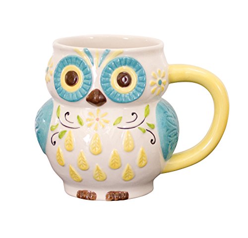 Floral Owl Mug, Hand Painted Ceramic, 16 Ounce Capacity, By Boston Warehouse