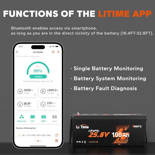 Image of LiTime 24V 100Ah Bluetooth LiFePO4 Lithium Battery with 29.2V 20A Charger, Built-in 100A BMS, Low-Temp Protection, 4000+ Cycles, Max. 2560Wh Energy for RV, Trolling Motor, Marine, Off-Grid