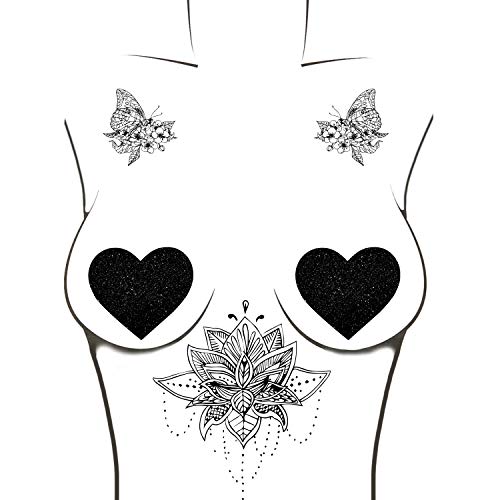 Neva Nude Black Malice Glitter I Heart U Nipztix Pasties Nipple Covers For Festivals, Raves, Parties, Lingerie And More, Medical Grade Adhesive, Waterproof And Sweatproof, Made In Usa #TOP2