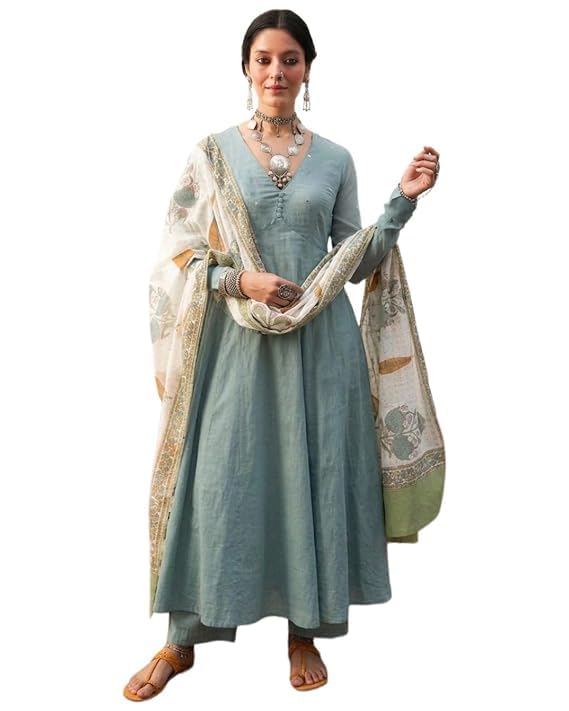 anni designer Viscose Blend Embroidered A-Line Kurta with Palazzo and Dupatta for Women | Viscose Blend Turquoise | Full Sleeve | V-Neck | Ethnic Wear Casual Wear-picture-15