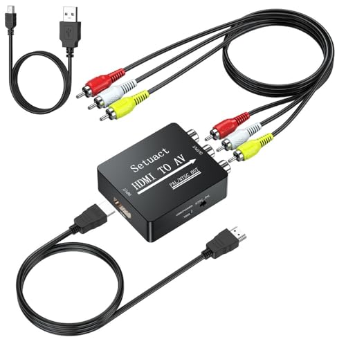 Setuact HDMI to AV Converter, HDMI to RCA Converter, Supports PAL/NTSC for Apple TV, Roku, Fire Stick, Blu-ray, DVD Player, Older TV, Projector, (with Male RCA and HDMI Cables)