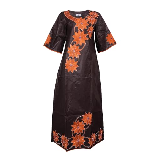 Image of HD African Bazin Riche Maxi Dress for Woman Traditional Embroidery Dashiki Dresses with Head Wraps