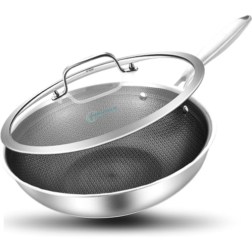 Image of LOLYKITCH Hybrid 10 Inch Tri-Ply Stainless Steel Wok Pan with Lid,Ceramic Non Stick Stir Fry Pan,Induction Cooking Pan,Dishwasher and Oven Safe,Riveted Handle