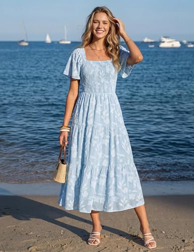 Image of ZESICA Wedding Guest Dresses for Women Summer 2026 Boho Floral Midi Dress Flowy Beach Vacation Graduation Long Dresses